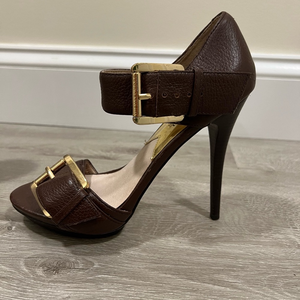 Michael Kors brown leather heeled sandals. Worn once. 5 inch heel